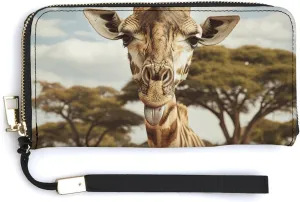 Giraffe Sticks Out Tongue Wristlet Long Wallet Womens Purse Zip Clutch Large Capacity Leather Purse Credit Coin Purse