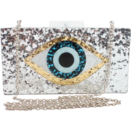 Glitter Eye Acrylic Clutch - Silver & White