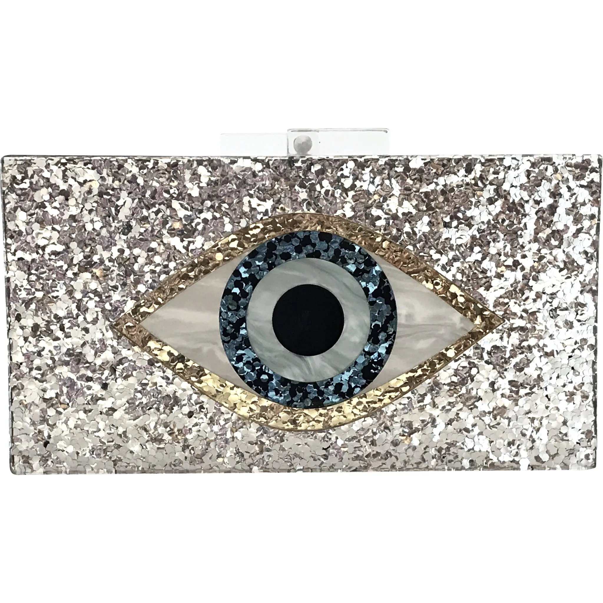 Glitter Eye Acrylic Clutch - Silver & White