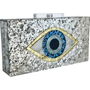 Glitter Eye Acrylic Clutch - Silver & White