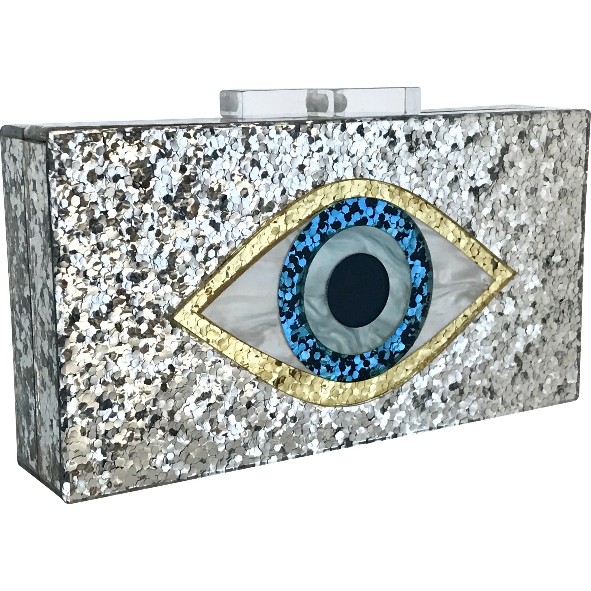 Glitter Eye Acrylic Clutch - Silver & White