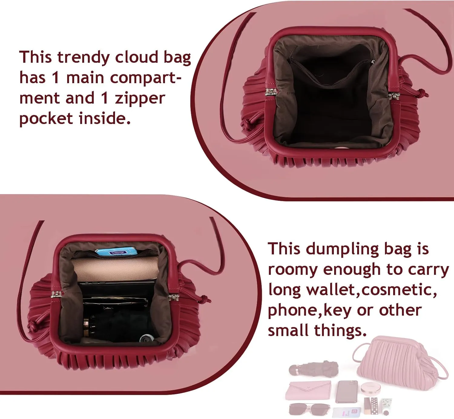 GLITZALL Clutch Purse and Dumpling Bag for Women,Designer Cloud Handbag and Ruched Bag with Detachable Shoulder Strap