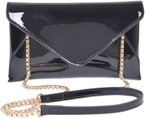 Glossy Patent Faux Leather Envelope Clutch Purse Elegant Evening Formal Wedding Prom Party Handbag with Chain Strap for Women