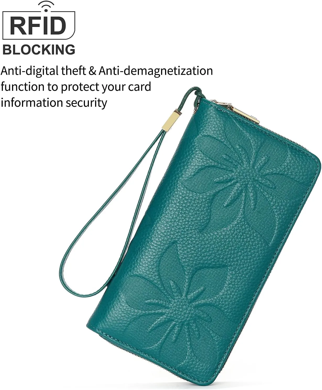 GOIACII Wallet for Women RFID ladies Credit Card Wallet Bifold Travel Wristlet Long Purse Embossed Flowers Leather Teal