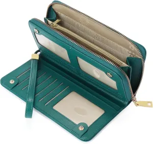 GOIACII Wallet for Women RFID ladies Credit Card Wallet Bifold Travel Wristlet Long Purse Embossed Flowers Leather Teal