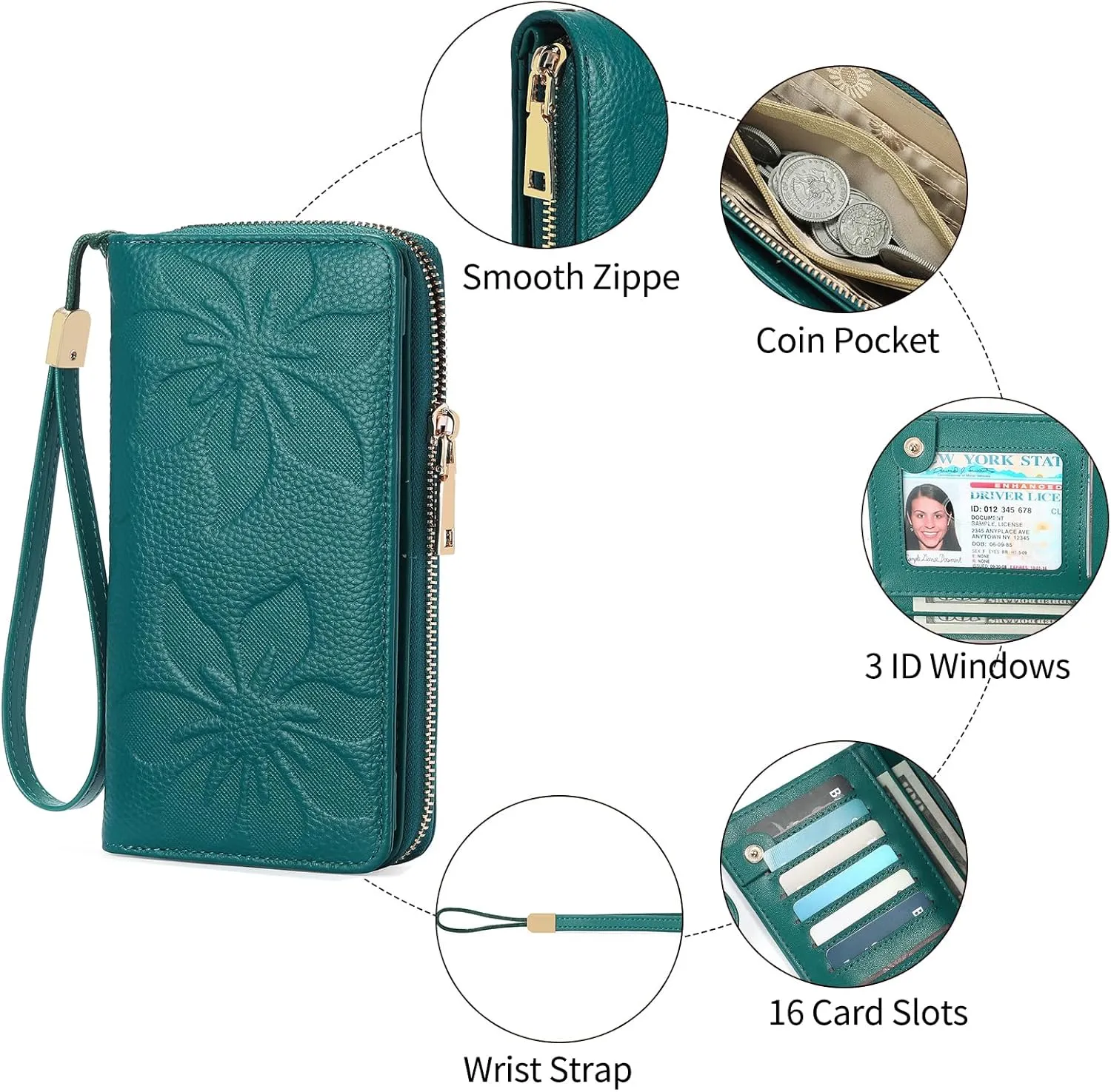 GOIACII Wallet for Women RFID ladies Credit Card Wallet Bifold Travel Wristlet Long Purse Embossed Flowers Leather Teal