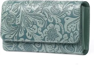 GOIACII Women's Wallet RFID Blocking Long Clutch Ladies Purse Vegan Leather Embossed Flower Blue