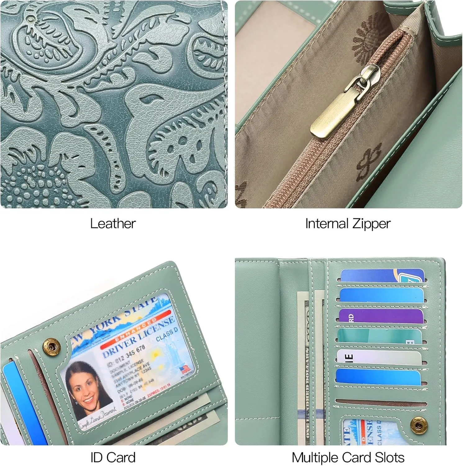 GOIACII Women's Wallet RFID Blocking Long Clutch Ladies Purse Vegan Leather Embossed Flower Blue