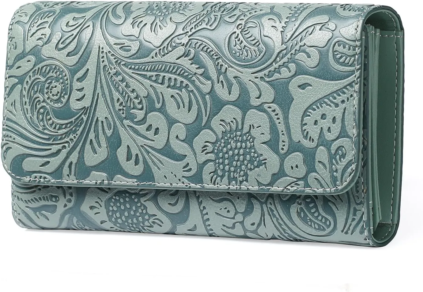 GOIACII Women's Wallet RFID Blocking Long Clutch Ladies Purse Vegan Leather Embossed Flower Blue