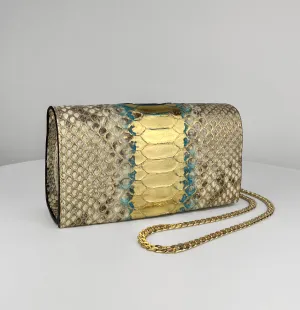 GOLD METALLIC CENTER, BEIGE BOX CLUTCH, SNAKESKIN