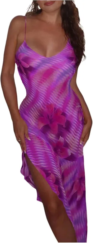 GORGLITTER Women's Y2k Floral Flowy Maxi Dresses High Slit Tie Backless Ruffle Bodycon Dress