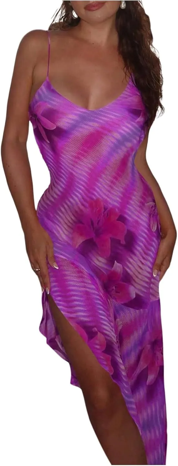GORGLITTER Women's Y2k Floral Flowy Maxi Dresses High Slit Tie Backless Ruffle Bodycon Dress