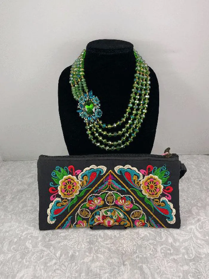 Green Statement Necklace and Floral Embroidery Clutch Set