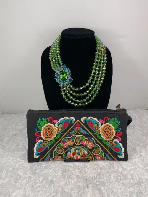 Green Statement Necklace and Floral Embroidery Clutch Set