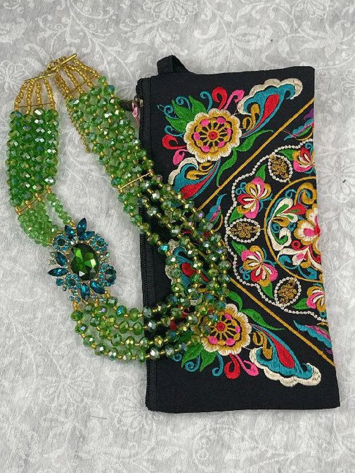 Green Statement Necklace and Floral Embroidery Clutch Set