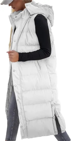 Grlasen Women's long Quilted Vest hooded sleeveless Button Down puff vest cotton padded jacket winter coat