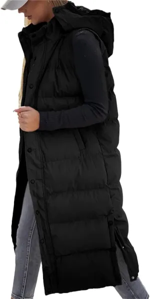 Grlasen Women's long Quilted Vest hooded sleeveless Button Down puff vest cotton padded jacket winter coat