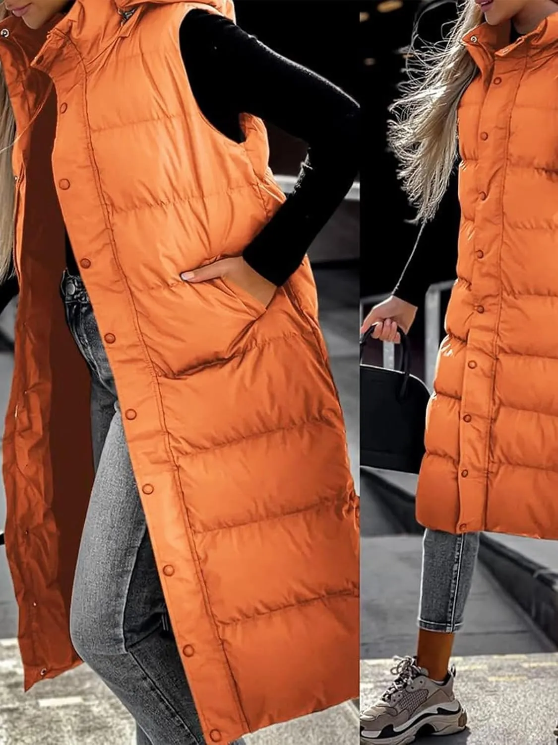 Grlasen Women's long Quilted Vest hooded sleeveless Button Down puff vest cotton padded jacket winter coat