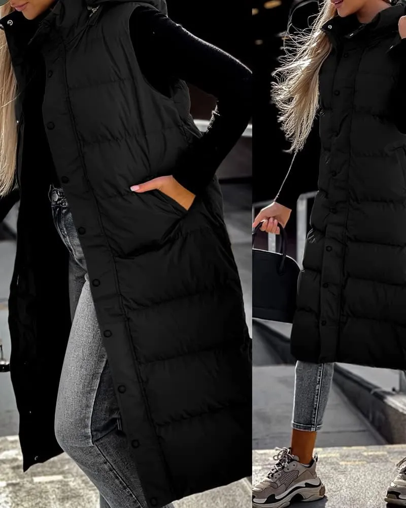Grlasen Women's long Quilted Vest hooded sleeveless Button Down puff vest cotton padded jacket winter coat