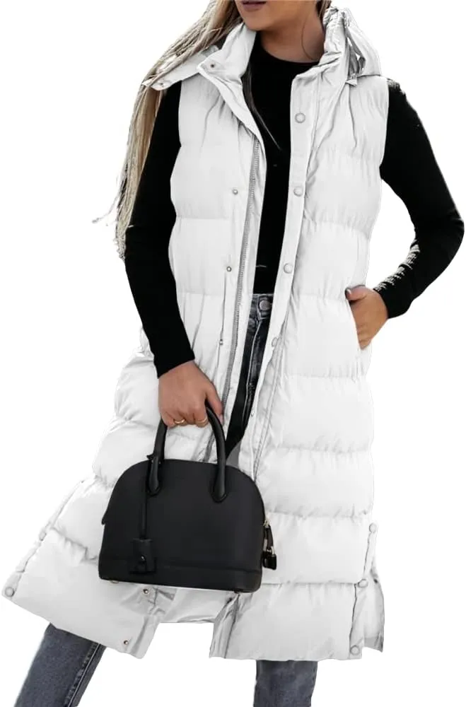 Grlasen Women's long Quilted Vest hooded sleeveless Button Down puff vest cotton padded jacket winter coat