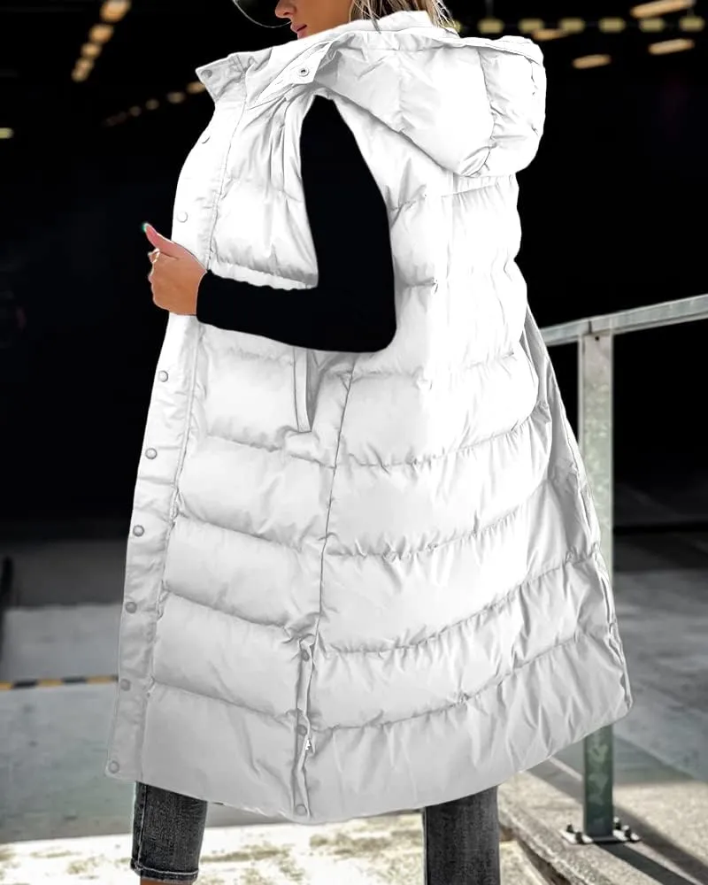 Grlasen Women's long Quilted Vest hooded sleeveless Button Down puff vest cotton padded jacket winter coat
