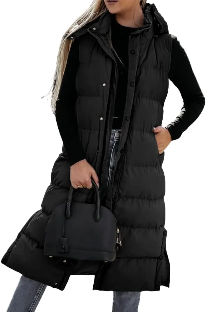 Grlasen Women's long Quilted Vest hooded sleeveless Button Down puff vest cotton padded jacket winter coat