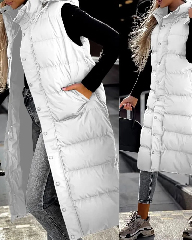Grlasen Women's long Quilted Vest hooded sleeveless Button Down puff vest cotton padded jacket winter coat