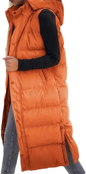 Grlasen Women's long Quilted Vest hooded sleeveless Button Down puff vest cotton padded jacket winter coat