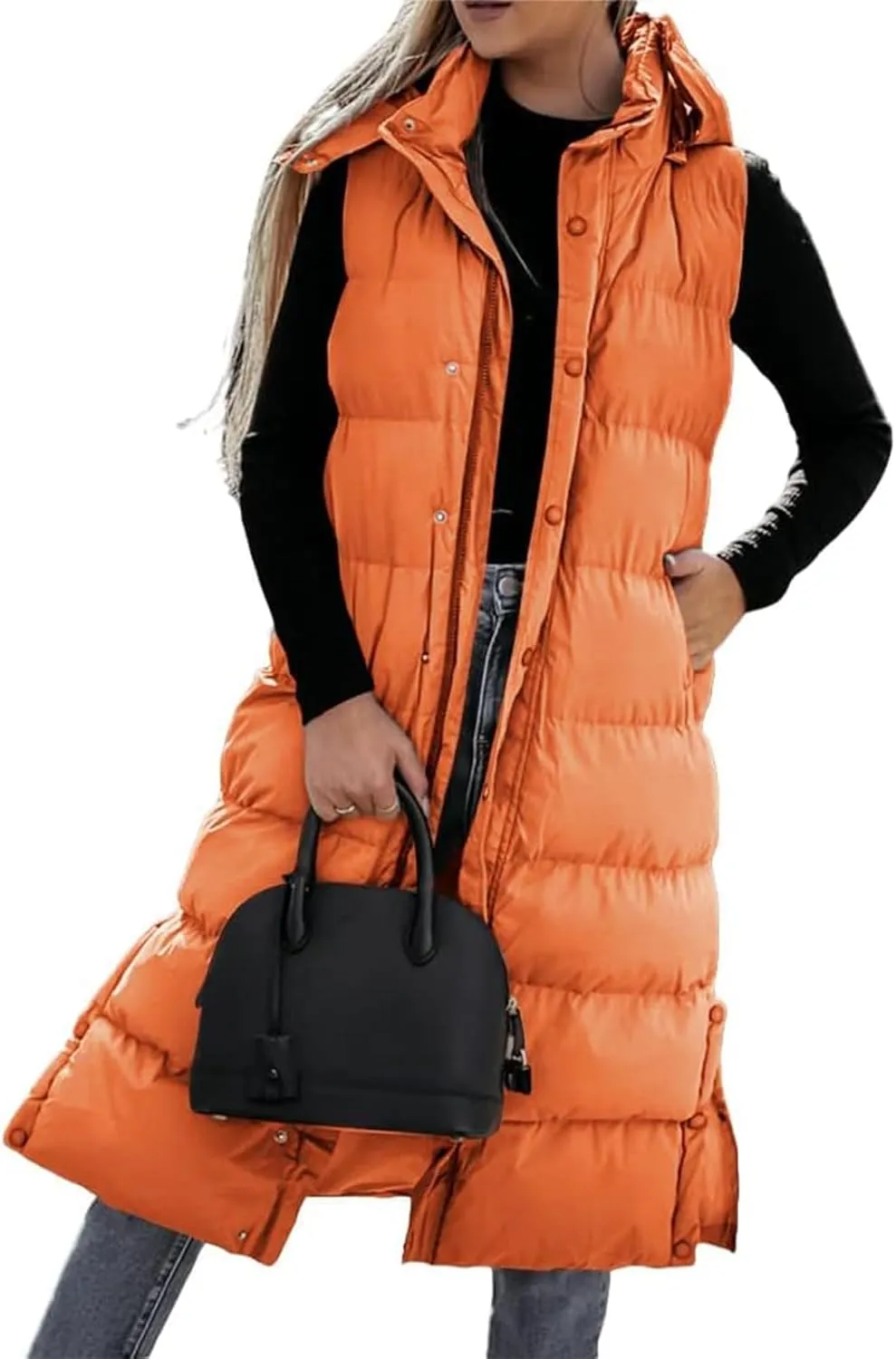 Grlasen Women's long Quilted Vest hooded sleeveless Button Down puff vest cotton padded jacket winter coat