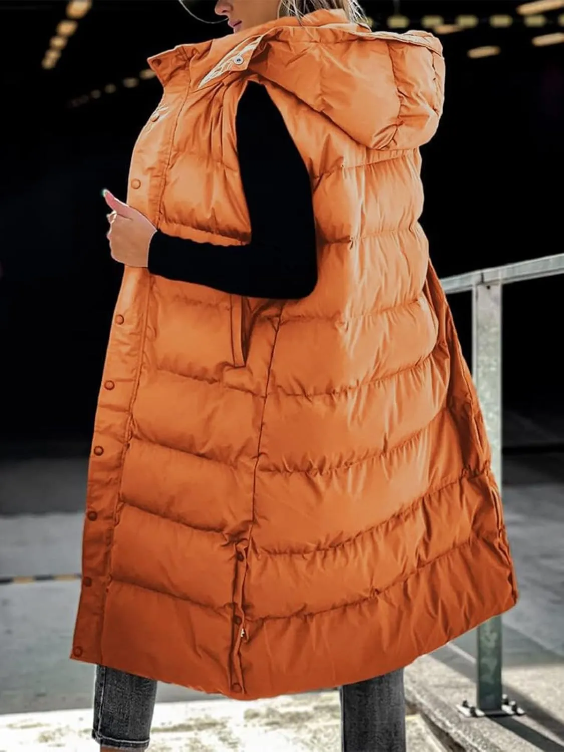 Grlasen Women's long Quilted Vest hooded sleeveless Button Down puff vest cotton padded jacket winter coat