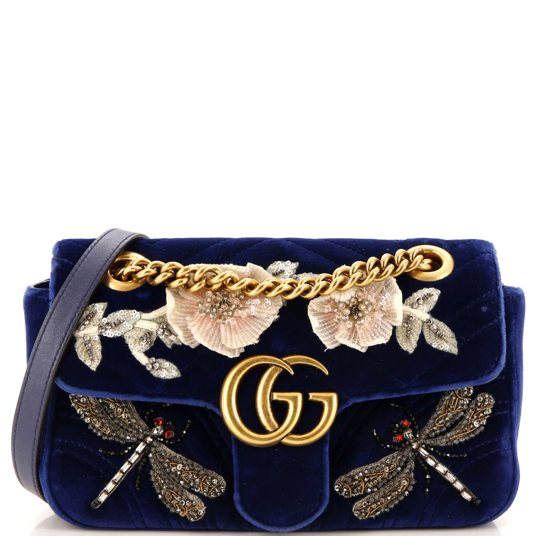 GUCCI GG Marmont Flap Bag Embellished Matelasse Velvet Mini