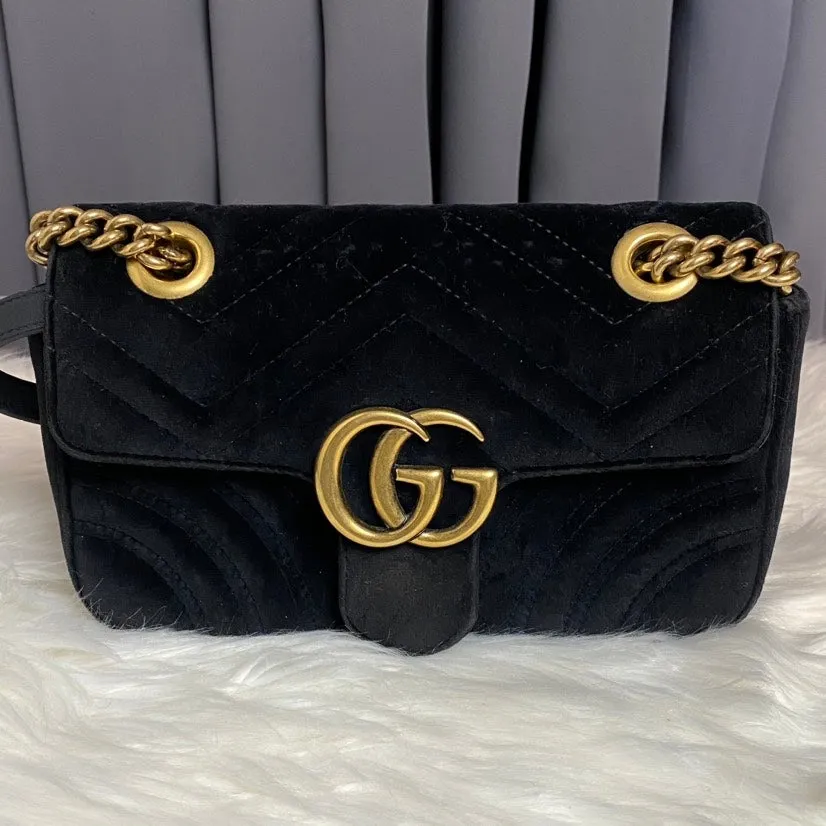 Gucci GG Marmont Small Black Velvet Shoulder Bag
