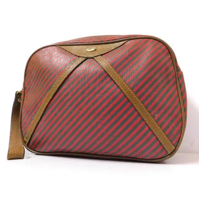 Gucci, red & green striped logo print coated canvas and brown leather clutch purse