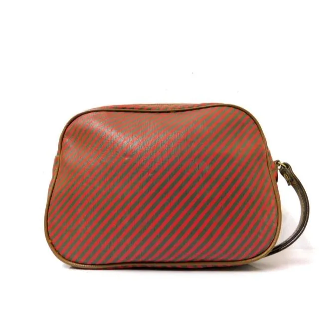 Gucci, red & green striped logo print coated canvas and brown leather clutch purse