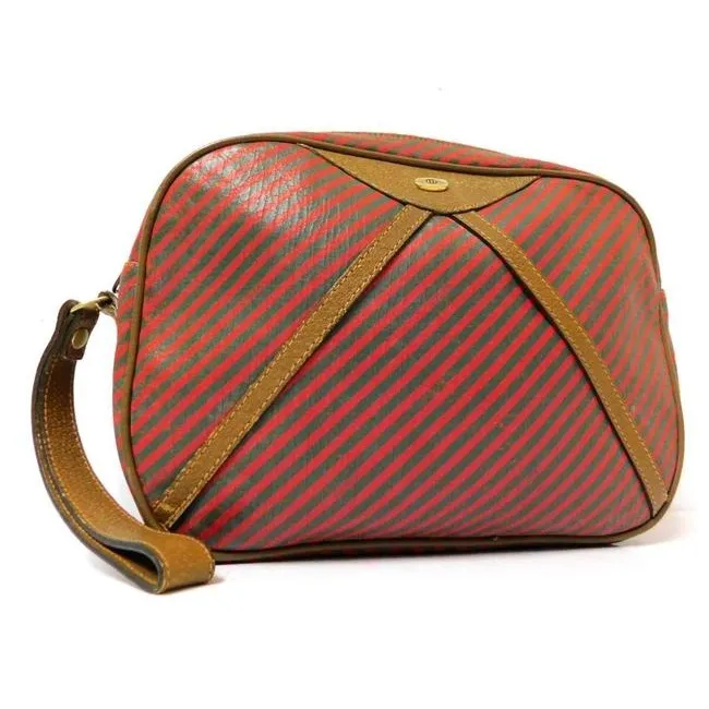 Gucci, red & green striped logo print coated canvas and brown leather clutch purse