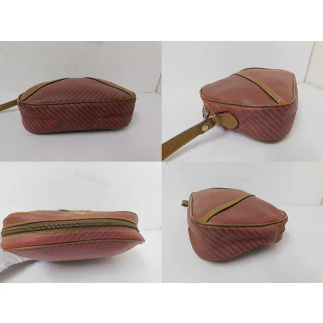 Gucci, red & green striped logo print coated canvas and brown leather clutch purse