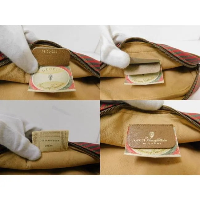 Gucci, red & green striped logo print coated canvas and brown leather clutch purse