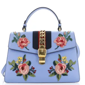 GUCCI Sylvie Top Handle Bag Embroidered Leather Medium