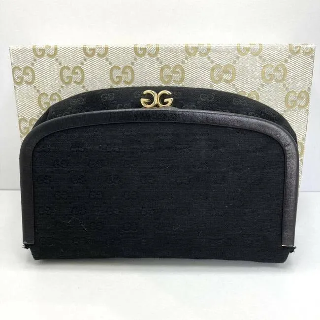 Gucci Vintage Boxy Hinged Top Black Micro Guccissima Print Silk And Leather Clutch