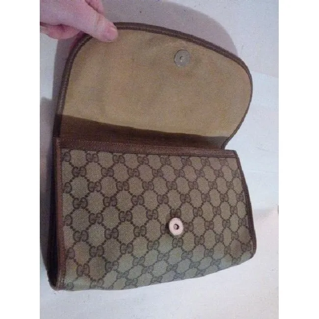 Gucci Vintage Brown Leather Large G Logo Print Coated Canvas And Red Green Stripe