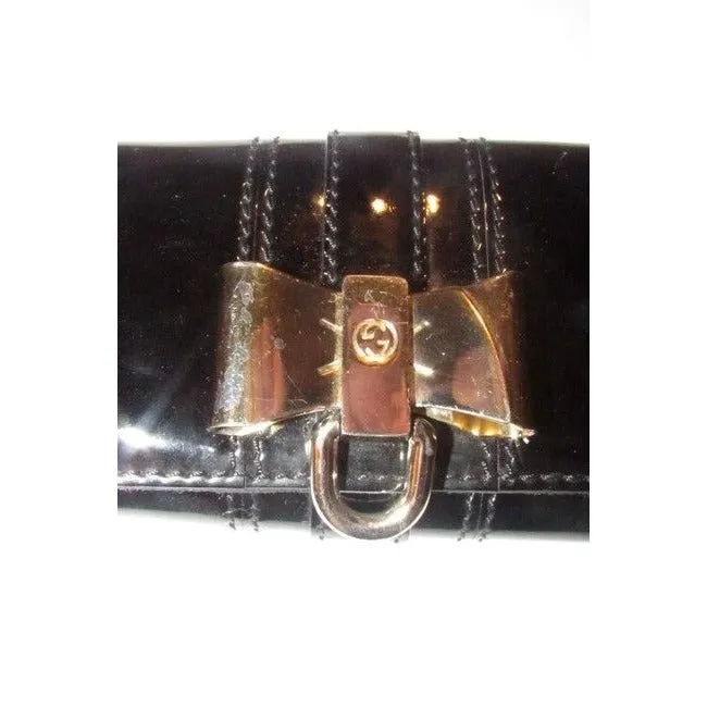 Gucci W Accent Black Patent Leathergold Bow Clutch