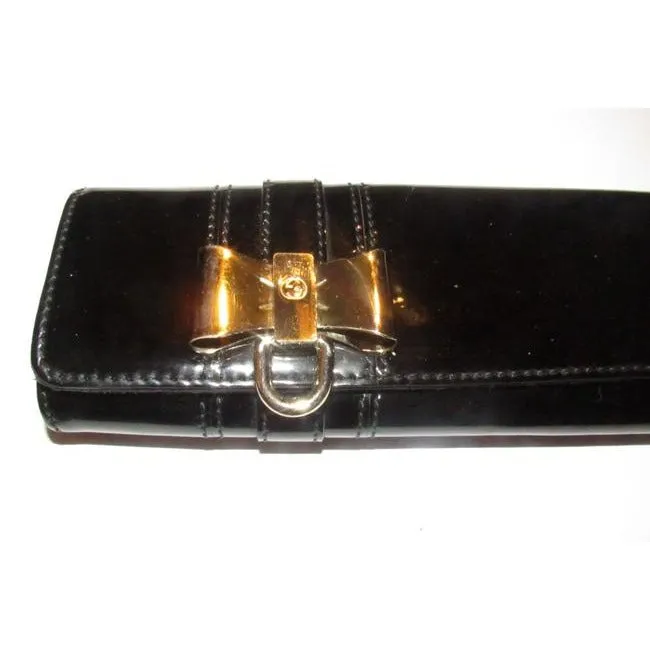 Gucci W Accent Black Patent Leathergold Bow Clutch