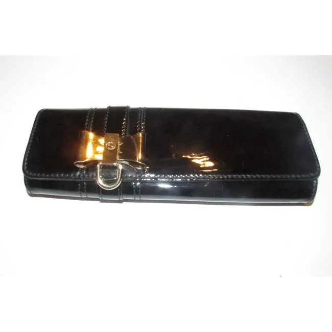 Gucci W Accent Black Patent Leathergold Bow Clutch