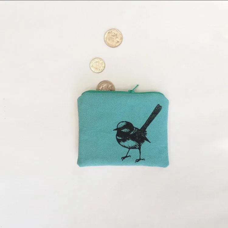 Hand printed fairy wren coin purse
