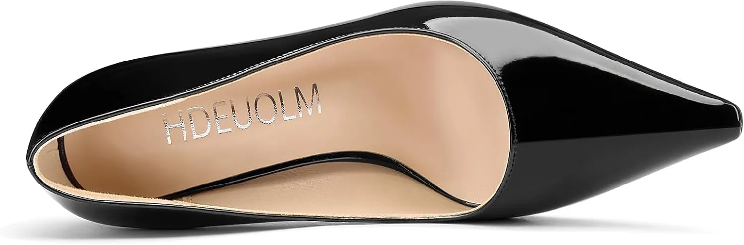 HDEUOLM Womens Stiletto High Heel Square Toe Pumps Slip-on Office Dress Patent Leather 3.9 Inches Heels