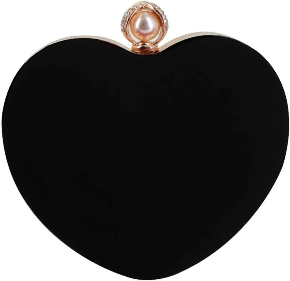 Heart Shape Clutch Bag Diamond & Pearl Messenger Shoulder Handbag Wedding Purse Black One Size