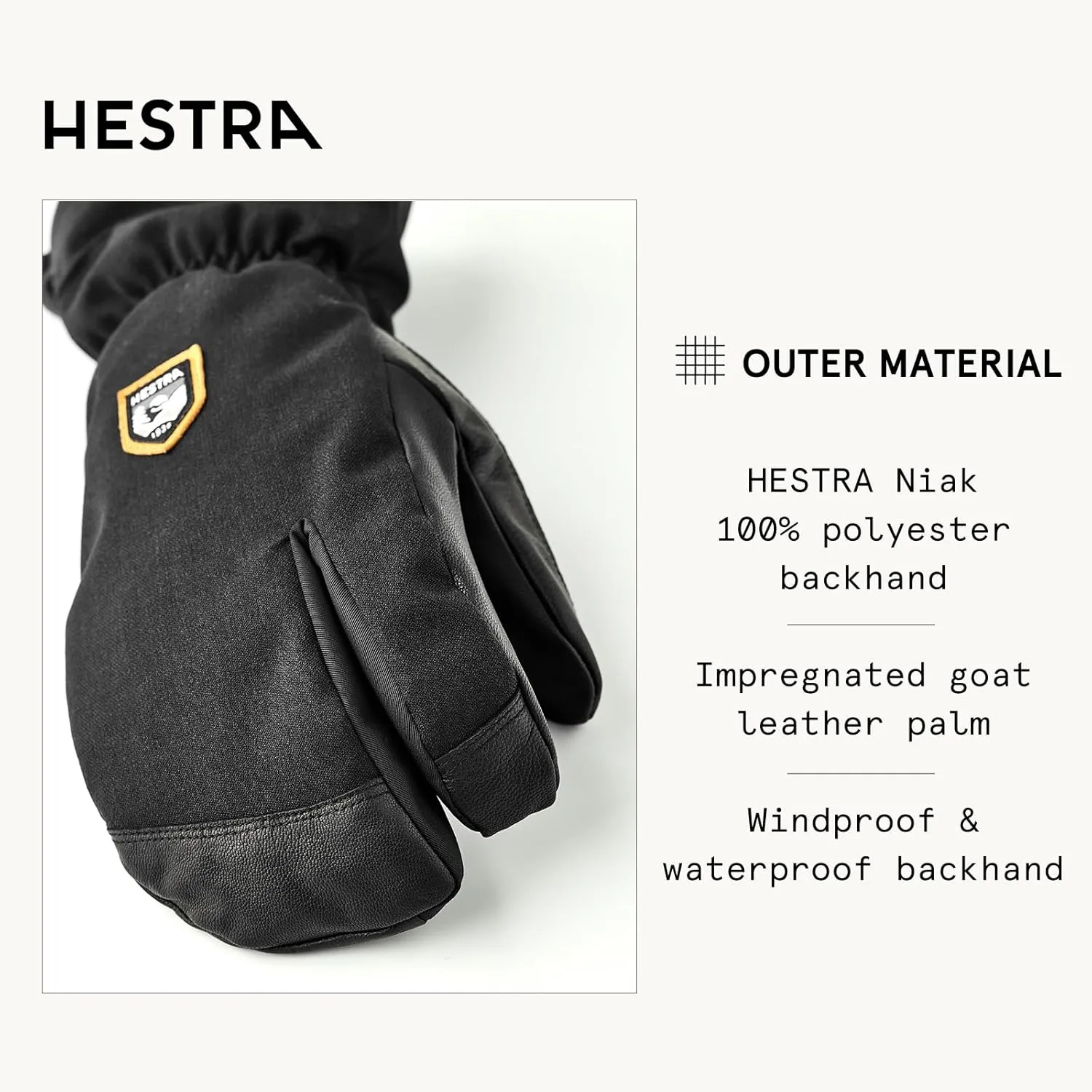 Hestra Unisex CZone Mountain 3-Finger Glove, Waterproof, Windproof Leather Alpine Ski Glove for Men & Women