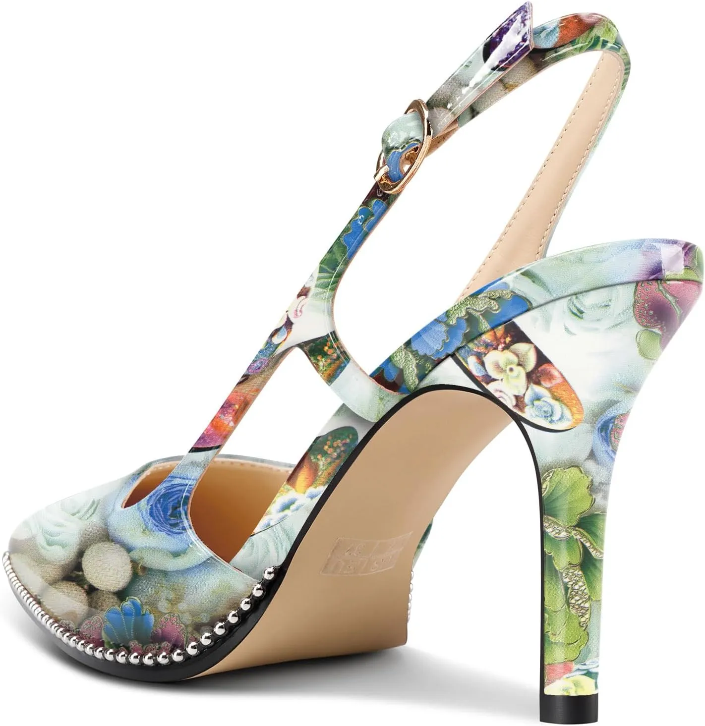 HEUIVZAR Womens Beaded Pumps Slingback Stiletto High Heels Pointed Toe Slip-on Sandals Adjustable Buckle Pearls Patent Leather Dress Shoes 3.5 Inches Heels