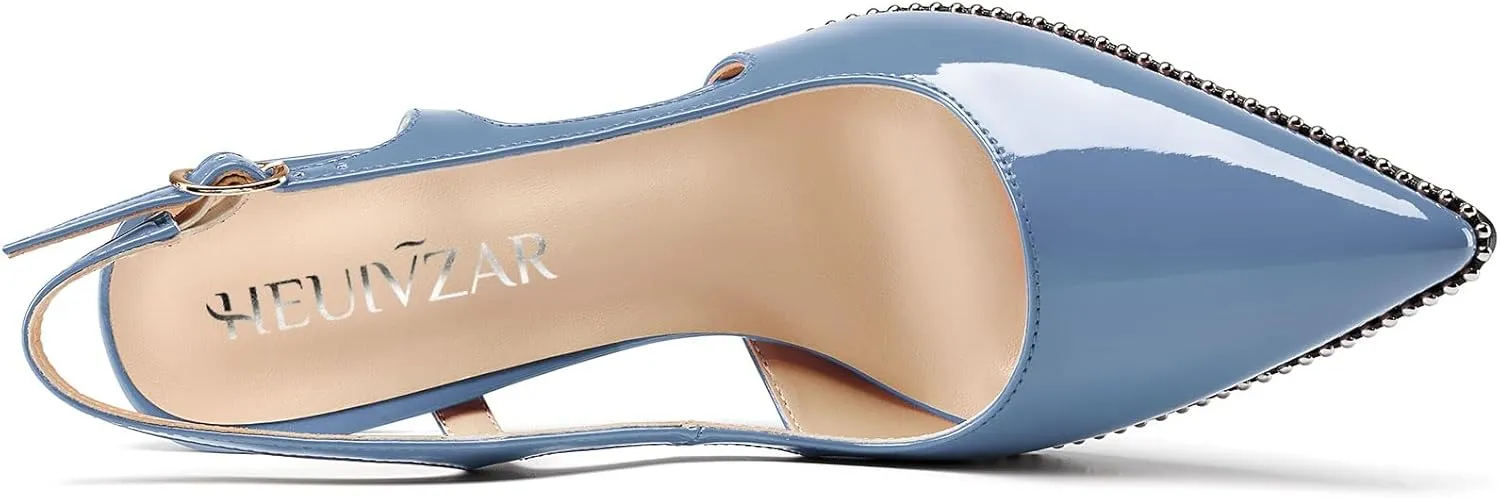 HEUIVZAR Womens Beaded Pumps Slingback Stiletto High Heels Pointed Toe Slip-on Sandals Adjustable Buckle Pearls Patent Leather Dress Shoes 3.5 Inches Heels