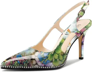 HEUIVZAR Womens Beaded Pumps Slingback Stiletto High Heels Pointed Toe Slip-on Sandals Adjustable Buckle Pearls Patent Leather Dress Shoes 3.5 Inches Heels
